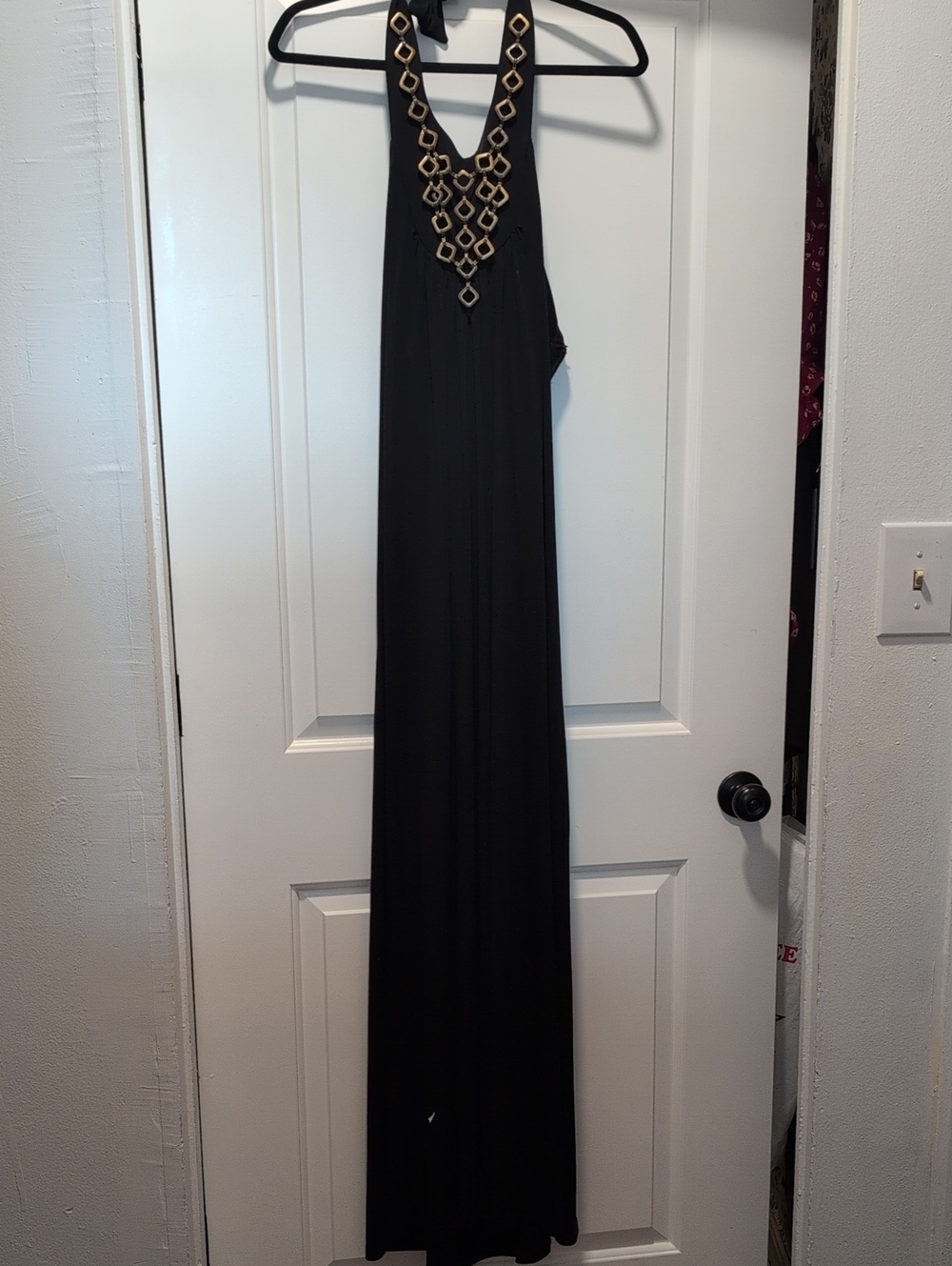 Black Maxi Halter Dress with Gold Chain Detail